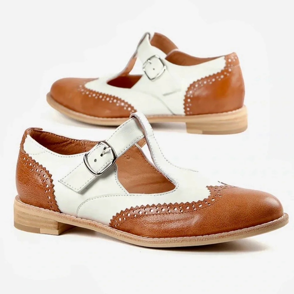 Anthropologie Wingtip Brown White Leather Mary Janes All Black Belted Wings NWT - Picture 12 of 16